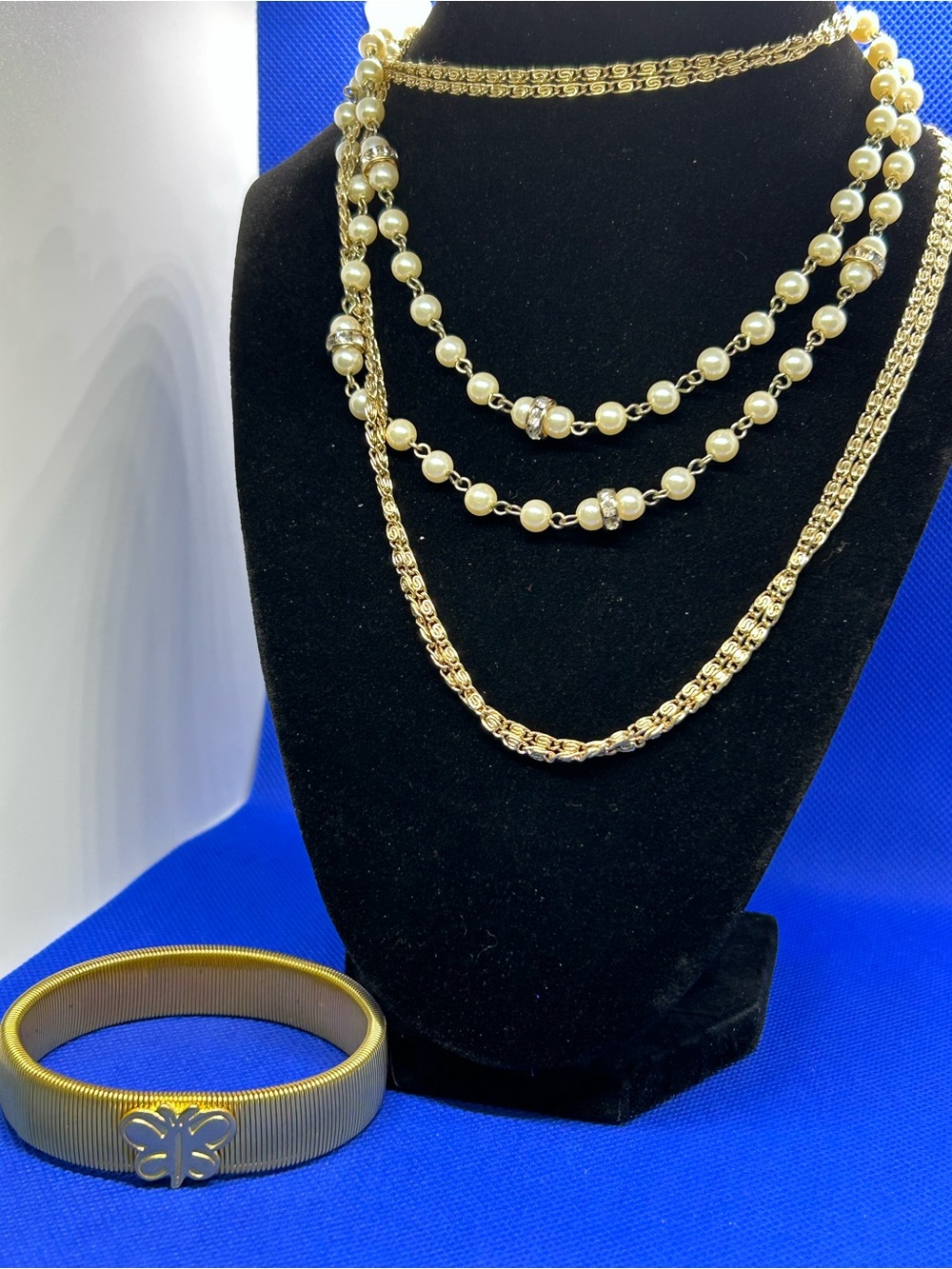 Layered Gold Toned Vegan Pearl Necklace Set with Vintage Butterfly Coil Bracelet